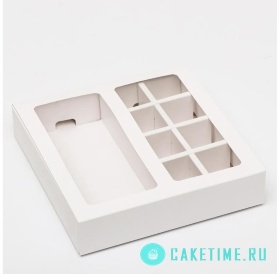 Коробка под 8 конфет + шоколад, с окном, белая 