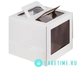 Коробка для торта с двумя ручками и тремя окнами, 22х22х25см, гофрокартон